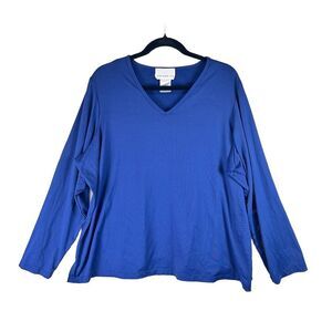 Susan Graver Womens Plus Size 2X Ponte Blue Top Long Sleeve Stretch Shirt V Neck